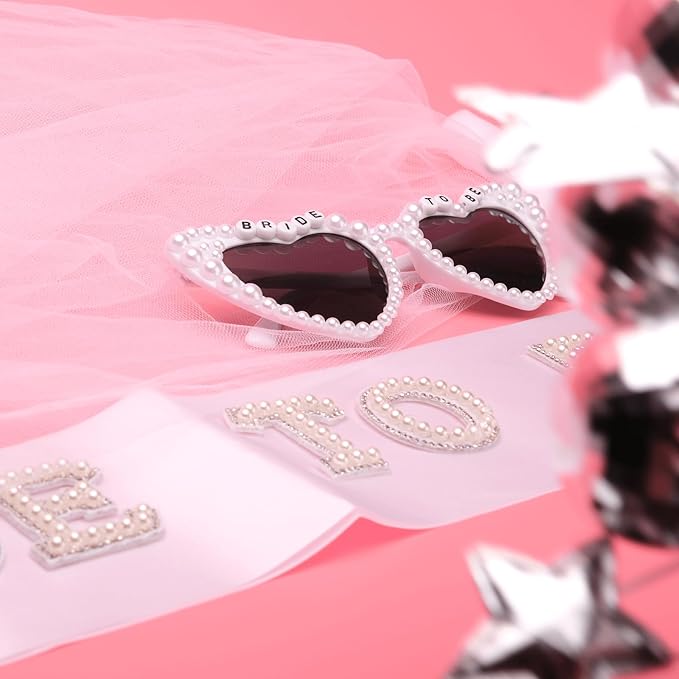 Bachelorette Party Bride to Be Decorations - 3 PCS | Pearl Sash, White Heart Sunglasses, Veil | Bridal Shower Favors, Wedding, Engagement