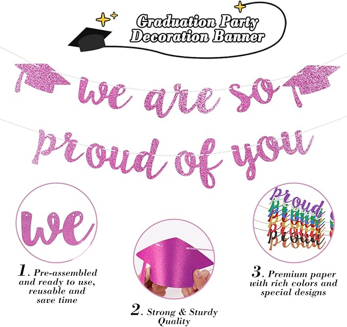 2026 Graduation Decorations Pre-Strung Blingbling We Are So Proud of You Banner Glitter Graduation Garland for Class of 2026 High School College Grad Party (Pink)