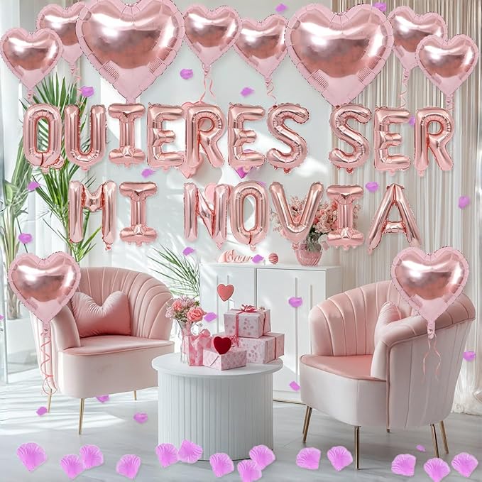 2 Set 16 Inch QUIERES SER MI NOVIA Balloons, Rose Gold Will You Be My Girlfriend Letter Balloons Spanish with 200pcs Artificial Rose Petals for Valentines Anniversary Day Banner Decorations