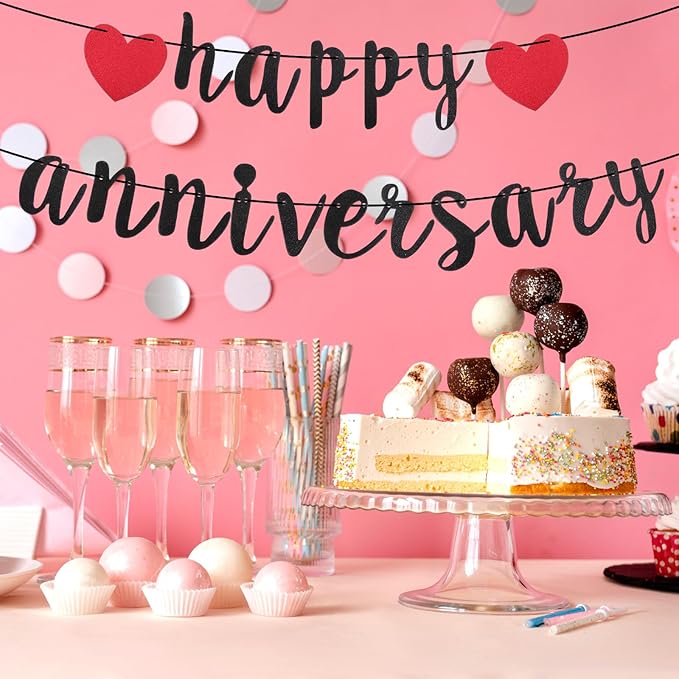 Happy Anniversary Banner, Glitter Wedding Anniversary Romantic Decorations No DIY Banners for Baby Shower Couples Birthday Party New Year(Black)
