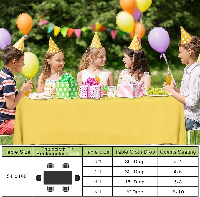 Smiry Disposable Table Cloth - 6 Pack, 54 x 108 Inch Waterproof Rectangle Tablecloths for Parties, Decorative Plastic Table Cover, Leakproof & Sturdy, Yellow