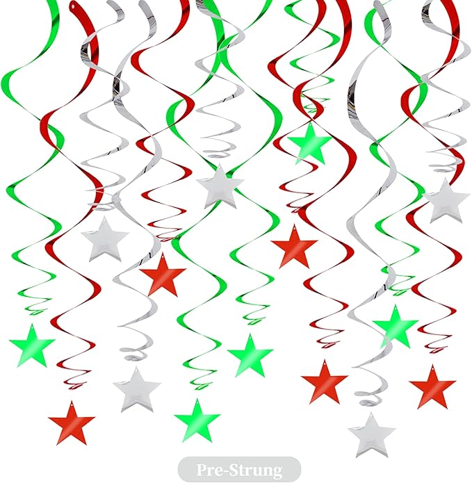 BEISHIDA Red Green Silver Star Hanging Swirl Christmas Decorations Ceiling Hanging Party Supplies for Christmas Birthday Wedding Decorations, Pack of 15