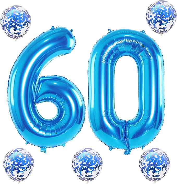 60th Birthday Balloons for Men, 40 Inch Giant Blue Foil Number 60 Balloons with Blue Confetti Balloons Kit, Digit 6 & 0 Helium Balloons for Boys Girls Women 6th 60th Anniversary Party Decorations