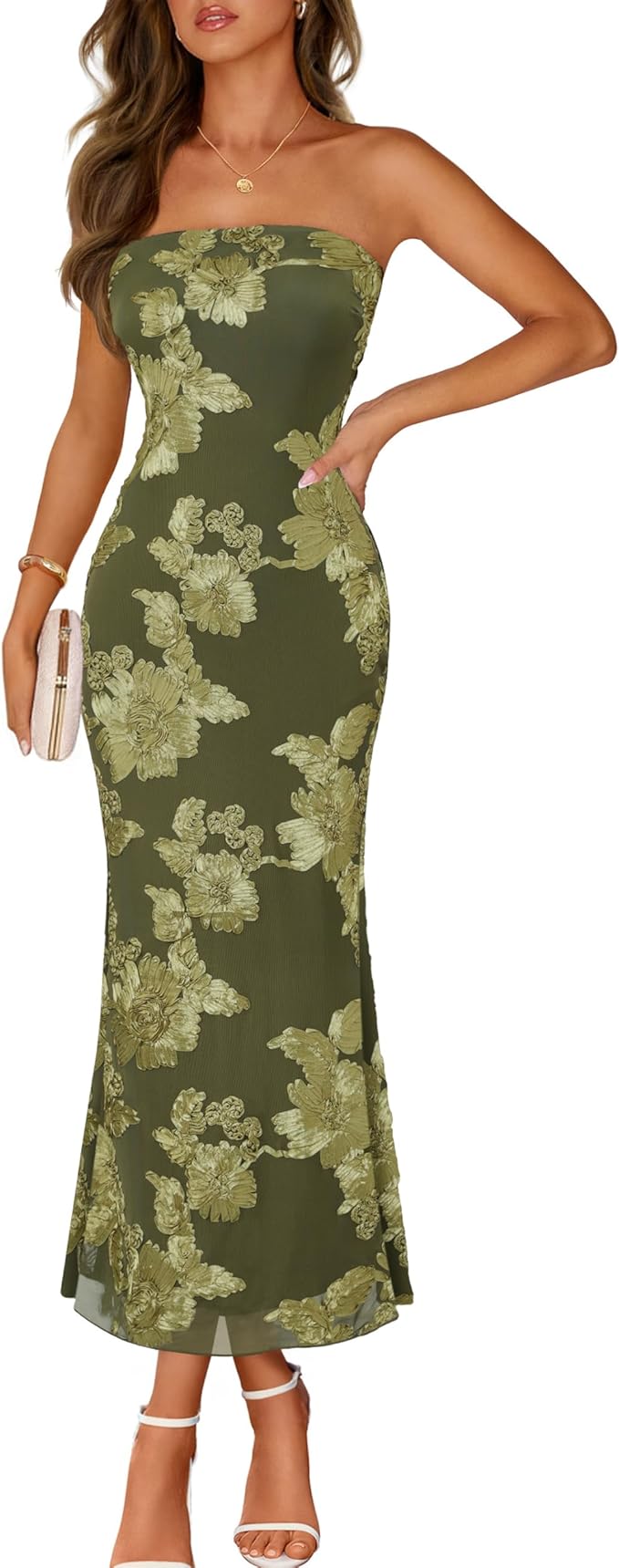 MEROKEETY Women's Floral Strapless Maxi Dress 2026 Summer Mesh Tube Bodycon Formal Wedding Guest Cocktail Party Long Dresses
