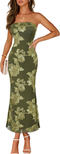 MEROKEETY Women's Floral Strapless Maxi Dress 2026 Summer Mesh Tube Bodycon Formal Wedding Guest Cocktail Party Long Dresses