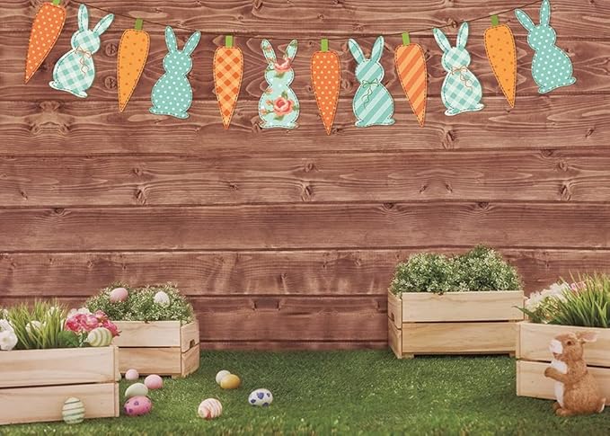 Happy Easter Backdrop Spring Rabbit Carrot Green Grass Eggs Baby Shower Backdrop Brown Wooden Wall Easter Party Decoration (8x6ft)