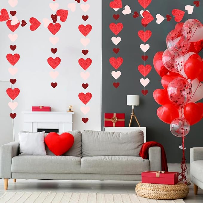Pink Burgundy-Red Valentines-Day Party-Decorations Garland - 52Ft Proposal Special Night Galentines Heart Paper Streamers Banner,Bachelorette Bridal Shower Engagement Wedding Decor Lasting Surprise