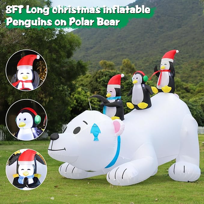 FunFanso 8 FT Christmas Inflatable Polar Bear with Penguins Outdoor Yard Decorations, Blow up 3 Penguins Fishing on Big Polar Bear with Bright LED Lights for Indoor Xmas Decor Outside Garden Lawn