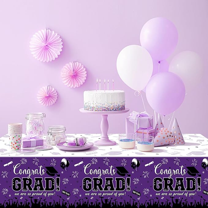 3 Pack Graduation Tablecloth Party Decorations, Class of 2026 Congrats Grad Plastic Tablecover Party Supplies, Purple Rectangle Graduation Table Decorations for College High School Party, 54 x 108Inch