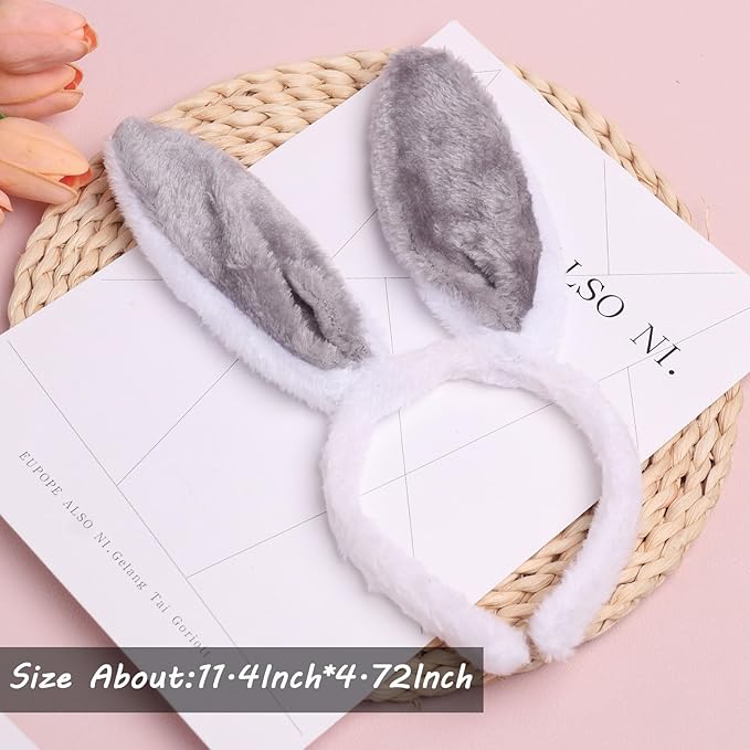 Bunny Headband Easter Hair Bands for Women Girls Kids, Grey Cute Plush Rabbit Ears Hair Accessories Non Slip Headbands Easter Day Party Decoration Supplies
