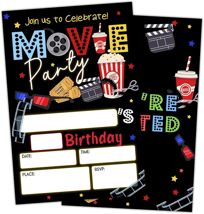 Movie Party Birthday Party Invitation Cards for Teens Girls Boys, Cinema Birthday Celebration Party Invite Cards Supplies, 20 Double-Sided Fill In Invites With Envelopes -14