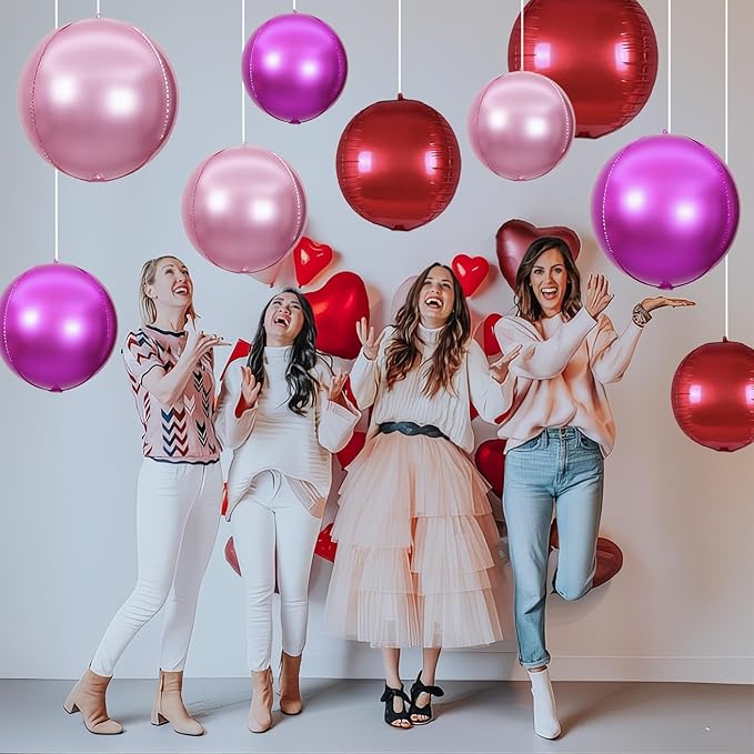 15PCS Red Pink Round Foil Balloons, 22" 15" 10" Large 4D Ball Balloons Red Hot Pearl Pink Mirror Sphere Balloon for Valentines Day Wedding Women Girls Birthday Party Ceiling Decorations
