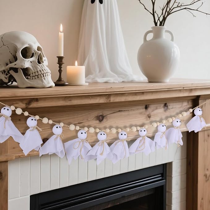 Halloween Decorations Indoor，7Ft Cute Halloween Ghost Garland with Wooden Beads，Handmade Rustic Banner for Mantel Wall Home Office School Indoor Outdoor Spring Decor Supplies