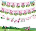 Zwiebeco Pink Green Golf Happy Birthday Banner Bunting Garland Hanging Paper Party Decorations for Girls Womens Adults Golf Sports Themed Bday Decor Accessories Supplies