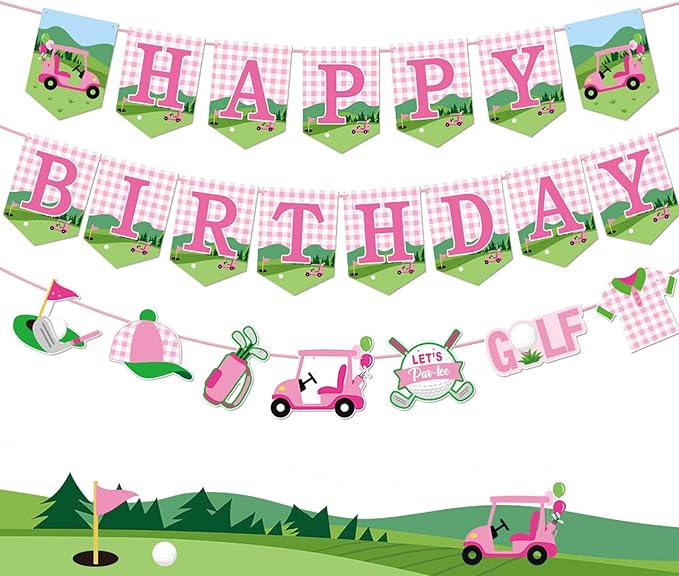Zwiebeco Pink Green Golf Happy Birthday Banner Bunting Garland Hanging Paper Party Decorations for Girls Womens Adults Golf Sports Themed Bday Decor Accessories Supplies