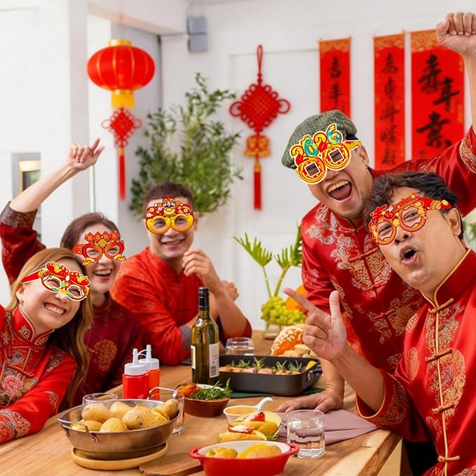 16PCS Chinese New Year Glasses, Lunar New Year Paper Eyeglasses Photo Booth Props for Year of the Horse Party Supplies
