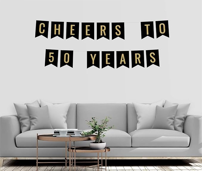 Andaz Press Faux Gold Glitter on Black Birthday Party Banner Decorations, Cheers to 50 Years, Approx 5-Feet, 1-Set, 50th Birthday Milestone Colored Hanging Pennant Decor