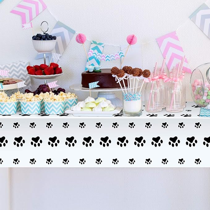 Tatuo 2 Pcs Puppy Paw Print Plastic Tablecloth Disposable Table Cover Puppy Themed Birthday Party Decorations for Dog Party Supplies (Black,71 x 54 Inch)