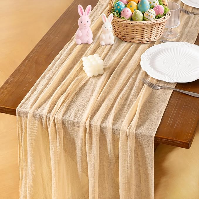 Socomi Beige Cheesecloth Table Runner Easter Spring Gauze 120 Inch Rustic Boho Cheese Cloth Runner for Wedding Party Baby Bridal Shower Centerpiece Decoration Holiday Home Decorations