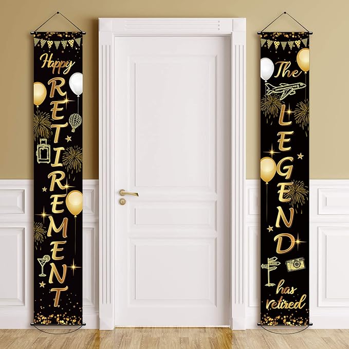 Boao Retirement Porch Sign Door Hanging Banner, Retirement Banner the Legend Fabric Door Sign Background for Retire Party Decoration Supplies, 71 x 12 Inches(Black and Gold)