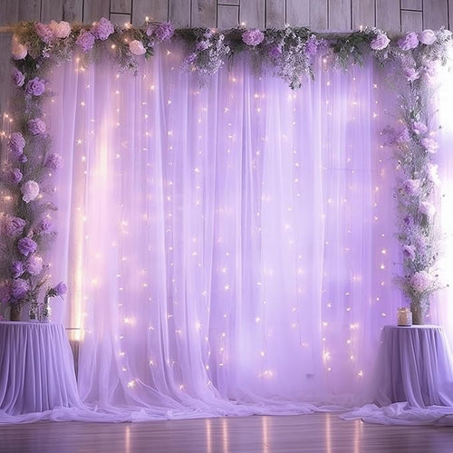 10ft x 10ft Lavender Chiffon Backdrop Curtain with Lights String for Parties,2 Panels Sheer Tulle Curtain Wedding Photo Backdrop with Lights for Baby Shower Birthday Party Ceremony Home Decorations