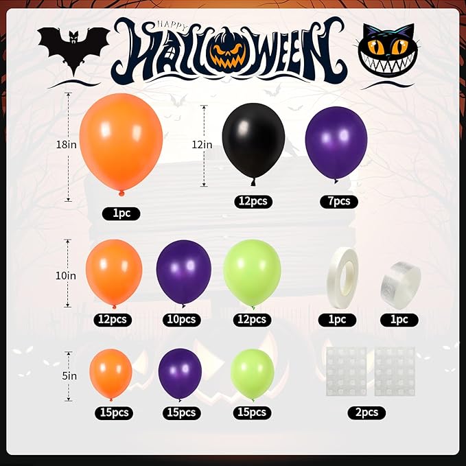 Halloween Balloons Garland Arch Kit, Orange Green Purple Balloons Arch Kit with Big Green Ghost Eye and Bat Skull Pumpkin Foil Balloon, Halloween Party Balloons For Home Garden Birthday Decorations