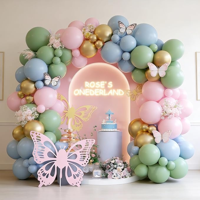 Pink and Green Balloon Arch Garland Kit, Sage Green and Pastel Pink Blue Metallic Gold Balloons, Woodland Balloons for Girls Baby Shower Floral Wonderland Spring Garden Tea Birthday Party Decorations