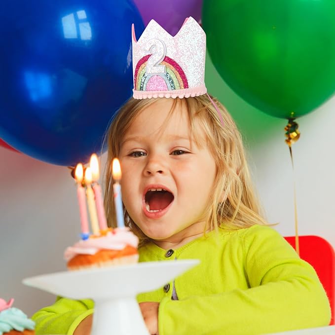 2nd Birthday Crown Princess Tiara, Rainbow Hat Headband - Birthday Gift Decorations and Accessories for Two Year Old Girl's Party