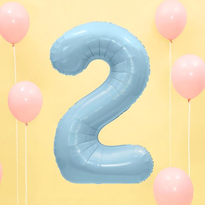 40 Inch Light Blue Number Balloon 2, Large Baby Blue Number 2 Balloons for Birthday Party Decorations, Blue Foil Mylar Birthday Balloons