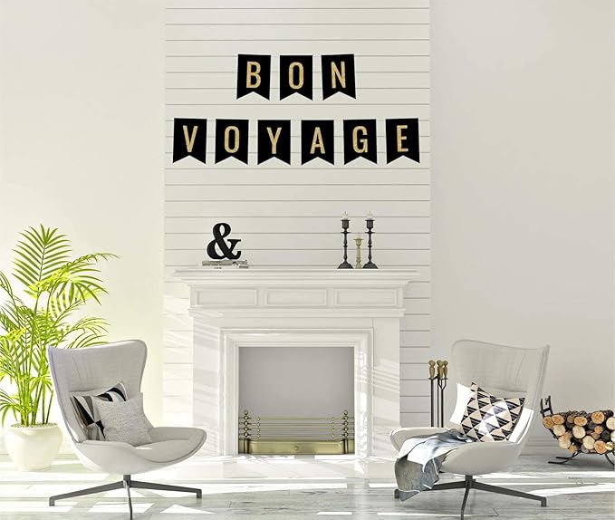 Andaz Press Faux Gold Glitter on Black Party Banner Decorations, Bon Voyage, Approx 5-Feet, 1-Set, Going Away Study Abroad Graduation Retirement Colored Hanging Pennant Decor