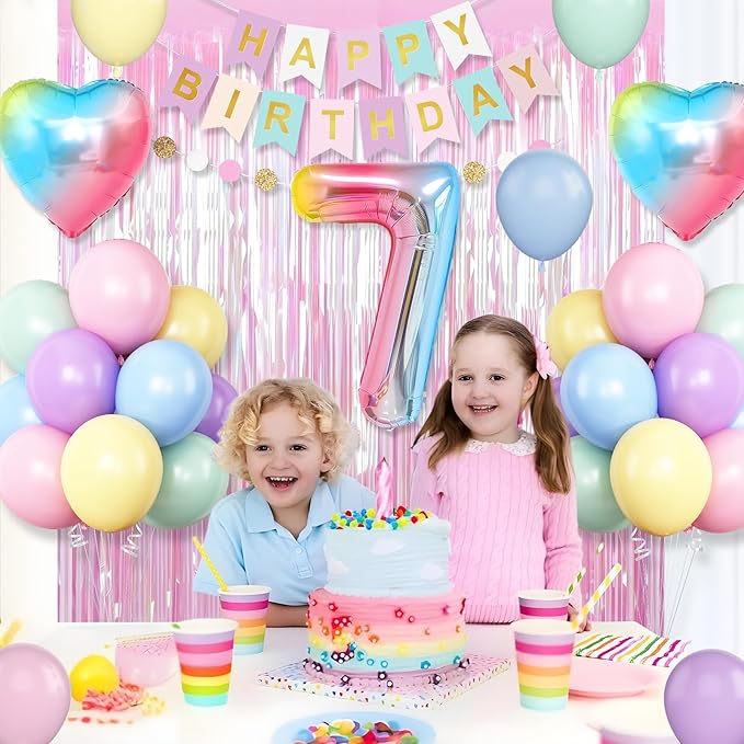 7th Birthday Decorations Rainbow,Gradient Number 7 Balloon,Pastel Happy Birthday Banner Fringe Curtain Heart Foil Balloons Boys Girls 7 Year Old Decor