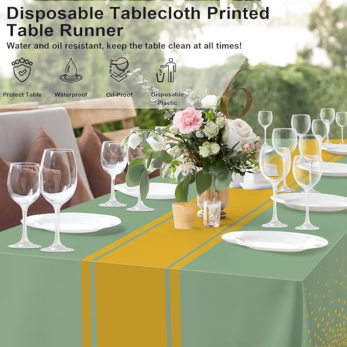 4 Pack Sage Green and Gold Tablecloth Party Decorations Plastic Sage Green Tablecloth Printed Gold Table Runner 54 x108 Inch Disposable Rectangle Table Cover for Birthday Wedding Graduation