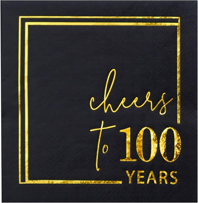 Cheers to Years Cocktail Napkins - 50 PK - 3-Ply Birthday Napkins 5x5 Inches Disposable Party Napkins Beverage Paper Napkins or Birthday Decorations Wedding Anniversary Black and Gold (100 Years)