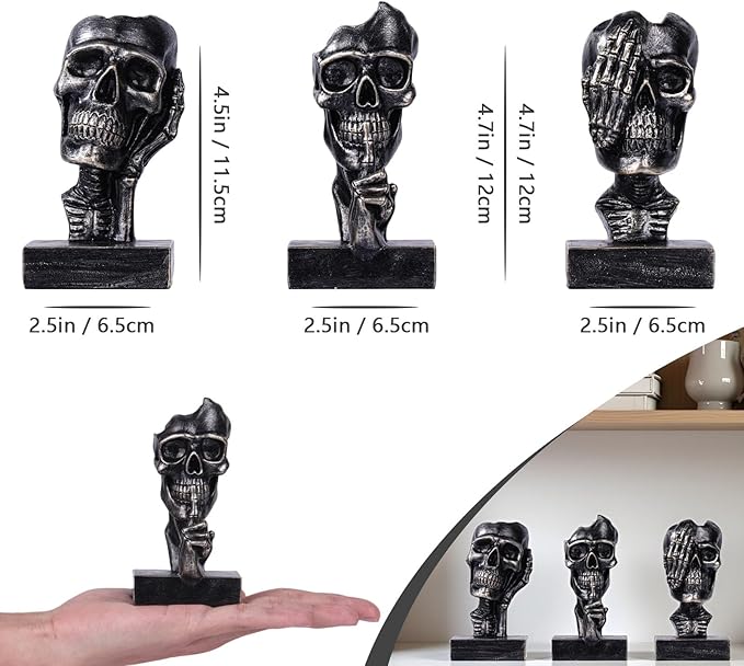 See Hear Speak No Evil Skeleton Figurines Set,Gothic Evil Skull Trio Statue,Vintage Skeletons for Halloween Decorations Indoor,Living Room Fireplace Floating Shelf Coffee Table Centerpiece Decor