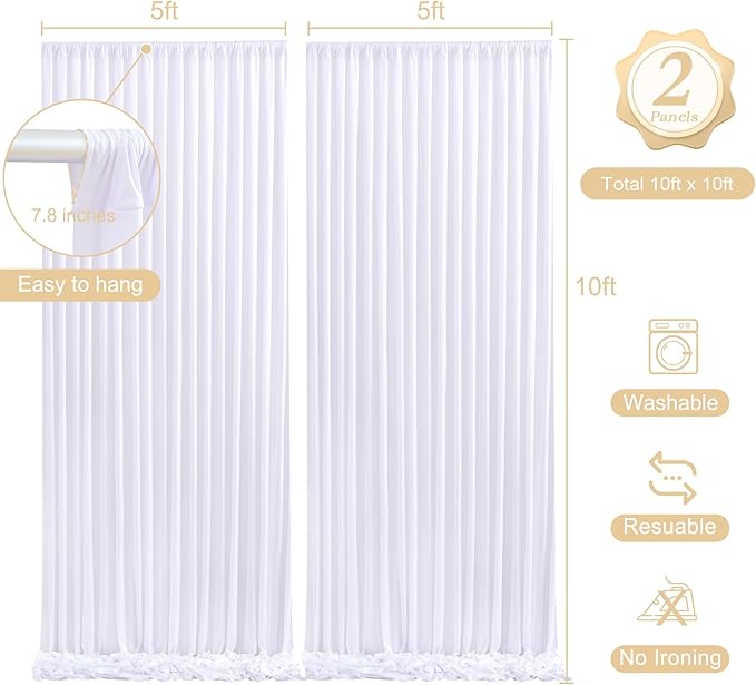 10 x 10ft White Backdrop Curtains with Lights String for Wedding Polyester Photo Backdrop Drapes Wrinkle Free White Curtains Backdrop for Birthday Parties Reception Baby Shower Ceremony-5 x 10ft x 2P