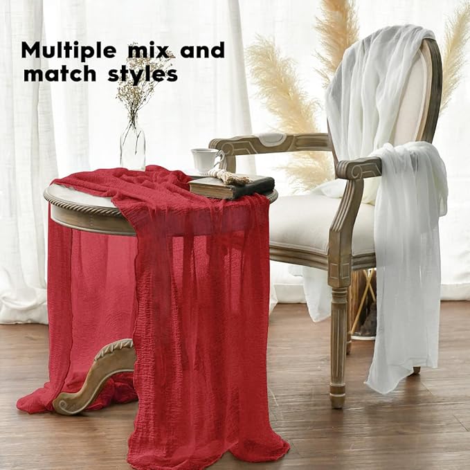 Artoid Mode Boho Gauze Red 3 Pieces Wedding Table Runner, 120 Inch Cheesecloth Christmas Fabric Kitchen Dining Holiday Table Decor for Home Party Indoor