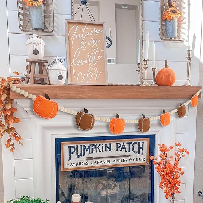 DAZONGE Thanksgiving Decorations for Home, Felt Pumpkin Bead Garland for and Wood Bead for Thanksgiving Decor, Fall Banner for Mantle Wall Decor