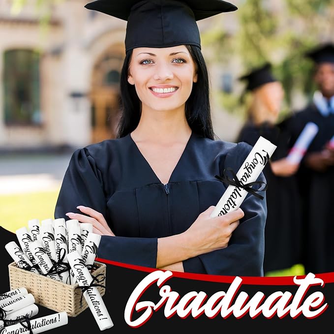 100 Set Graduation Congratulation Guest Napkins Black Rolled Silverware Disposable Grad Award Dinner Napkin with Ribbon and Scissors for Celebration