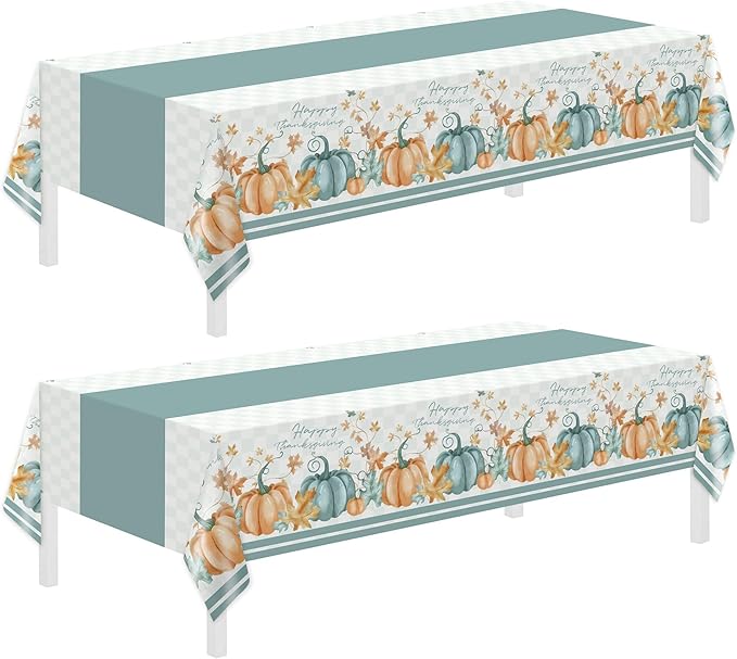 Childom 2 Pack Thanksgiving Tablecloths,Thanksgiving Decorations 54" x 108" Disposable Plastic Tablecloths,Blue Pumpkin Maple Table Covers for Rectangular Table,Home,Dinner,Party,Outdoor Picnic