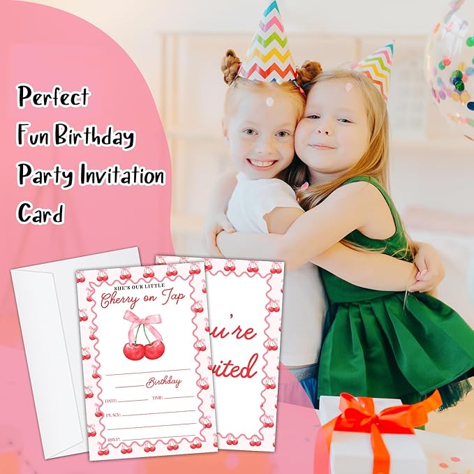 Cherry Birthday Party Invitation Cards for Women Girls Kids, Pink Bow Birthday Celebration Party Invite Cards Supplies, 20 Double-Sided Fill In Invites With Envelopes -08