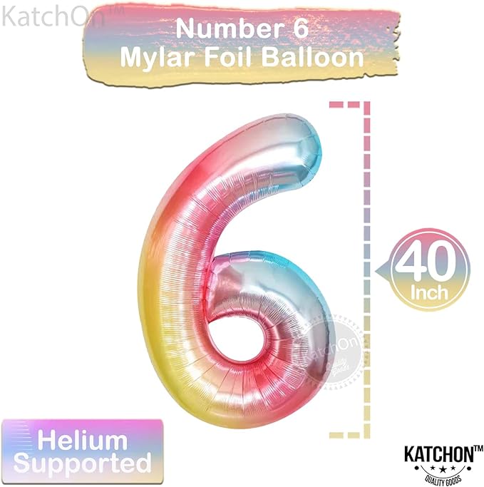 KatchOn, Giant Rainbow Number 6 Balloon - 40 Inch | 6 Year Old Birthday Balloons for 6th Year Decoration | 6 Number Balloons for 6th Happy Anniversary Decorations, 6th Birthday Party Decorations