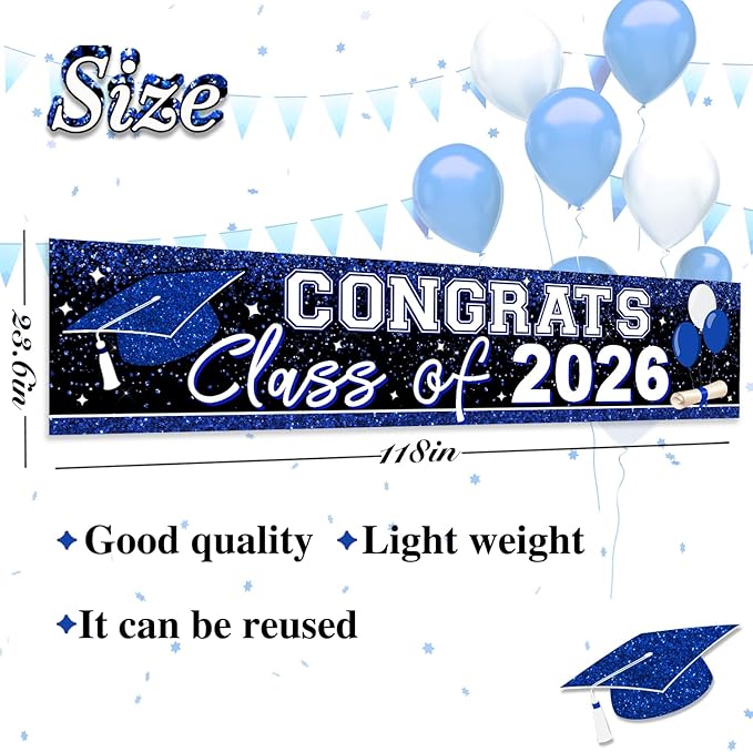 2026 Graduation Yard Sign Large Congrats Grad Banner Blue Class of 2026 Banner for Graduation Party Decorations 2026 (Blue)