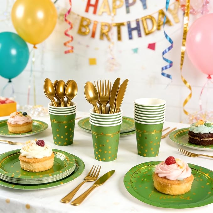OuMuaMua Disposable Green Paper Plates Party Supplies for 24 Guests, 168 Pcs Green and Gold Party Plates, Cups and Napkins with Utensils Set for Birthday Graduation Party Decor