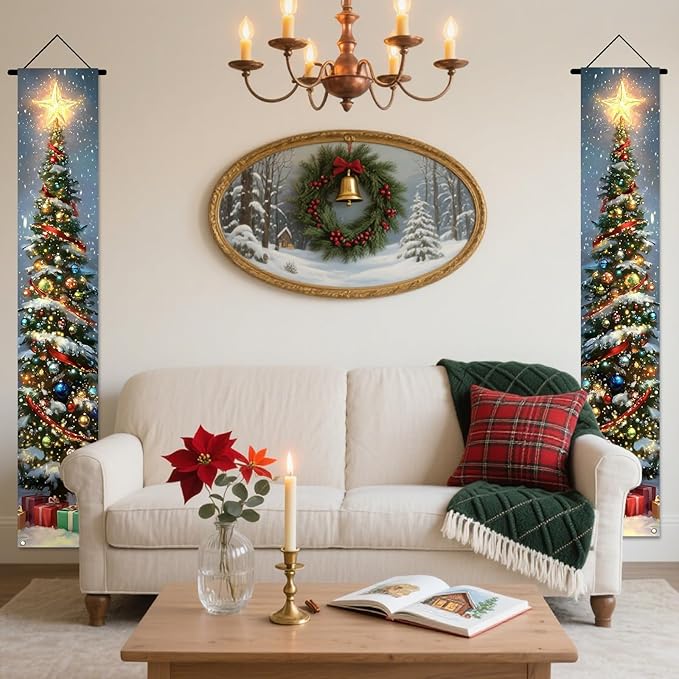 Nuxovilar Christmas Decorations Outdoor Yard Front Porch Sign Set, Lit Christmas Tree Door Banners for Front Door, Hanging Christmas Door Decorations for Home Indoor Outdoor Wall Yard