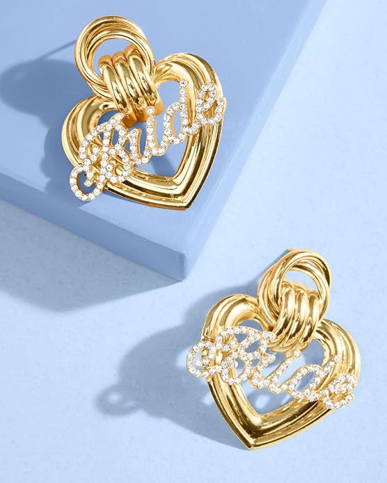 xo, Fetti Gold + Rhinestone Bride Heart Earrings | Bachelorette Party Jewelry, Bridal Accessory, Rehearsal Dinner Outfit, Bridesmaid Gift, Oversized Look