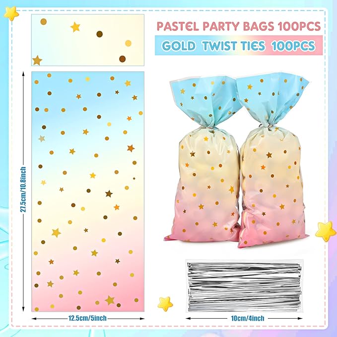 Pajean 100 Pcs Pastel Cellophane Bags Rainbow Party Favors Bag Star Dot Treat Goodie Candy Plastic Gift Pink Blue Tie Dye Wrapping Clear Cello for Baby Shower Birthday Decoration Supplies