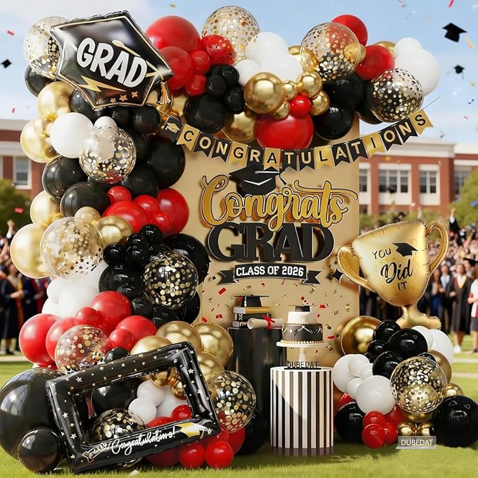 Red Black White Balloon Arch Kit 149Pcs with Gold Confetti Balloon for Red and Black Birthday Party Decorations Graduation Party Birthday