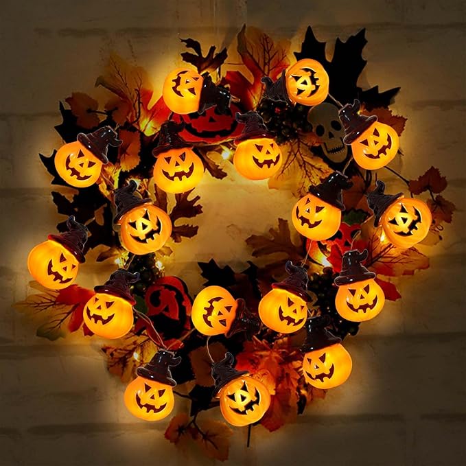 Battery Operated Pumpkin Lights for Halloween Decorations Indoor, Jack-o-Lantern String Lights for Halloween Party Front Door Porch Fireplace Camper Golf Cart Parade Garland Wreath Decor