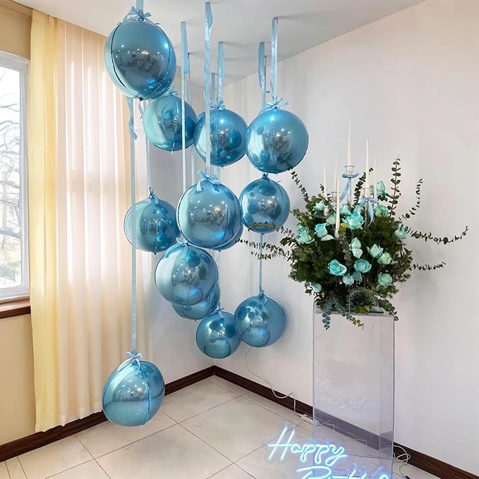 14 Pcs Blue Round Foil Balloons 22/15/10 4D Ball Balloons Light Baby Blue Metallic Balloon Ornament Mylar Balloon Chrome for Birthday Graduation Wedding Anniversary Ocean Disco Party Decor