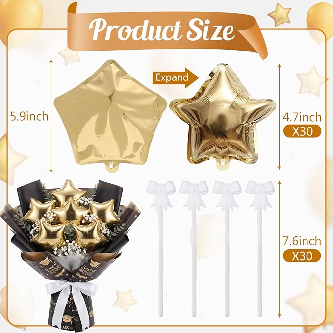 30 Pcs Star Self Inflatable Balloons with Bow Stems Star Foil Balloons Mini Pentagram Decoration for Patriotic Independence Day Graduation Birthday Baby Shower Anniversary(Gold,6 Inches)